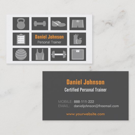 Grijs Modern Fitness Icons Personal Trainer Visitekaartje (Voorkant / Achterkant)