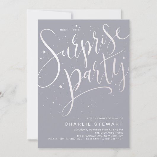 Grijs Modern Script Verrassing Verjaardag Wit Fees Kaart (Voorkant)