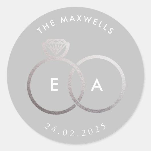 Grijs Modern Silver Rings Custom Wedding Sticker (Voorkant)