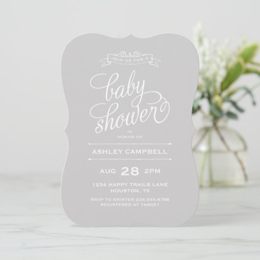Grijs Modern Typografie Baby shower Kaart (Staand voorkant)
