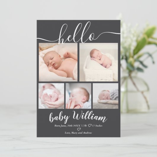 Grijs moderne 5-rasterfoto baby geboorte aankondiging (Staand voorkant)