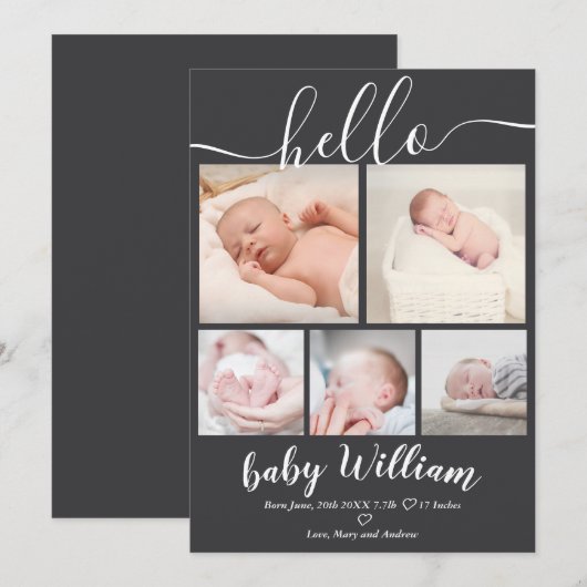 Grijs moderne 5-rasterfoto baby geboorte aankondiging (Voorkant / Achterkant)