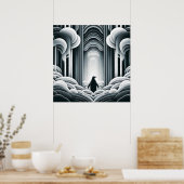 Grijs Monochromatische Lovey Baby Penguin Art Deco Poster (Keuken)