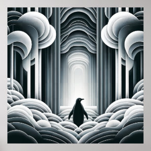 Grijs Monochromatische Lovey Baby Penguin Art Deco Poster