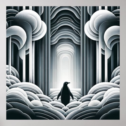 Grijs Monochromatische Lovey Baby Penguin Art Deco Poster (Voorkant)