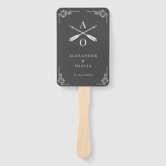 Grijs Monogram en pijlen Bruiloft Favor Hand Fan Handwaaier (Voorkant)