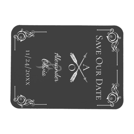 Grijs Monogram en Pijlen sparen de Datum Magneet (Horizontaal)