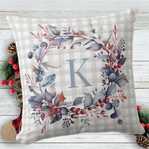 Grijs Monogram Greenery Kerst Krans Kussen