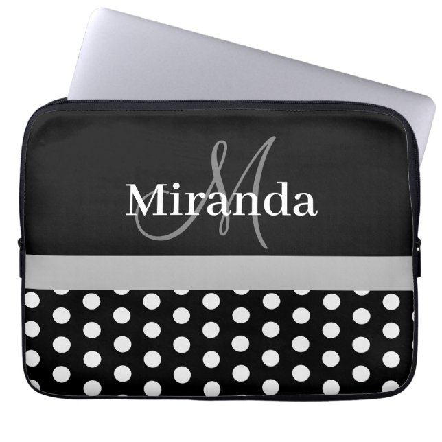 Grijs Monogram Zwart Wit Polka Dot Laptop Sleeve (Voorkant)
