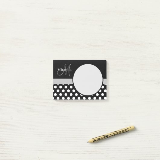 Grijs Monogram Zwart Wit Polka Dot Post-it® Notes (Op bureau)