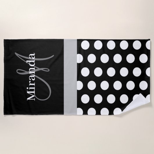 Grijs Monogram Zwart Wit Polka Dot Strandlaken (Voorkant)