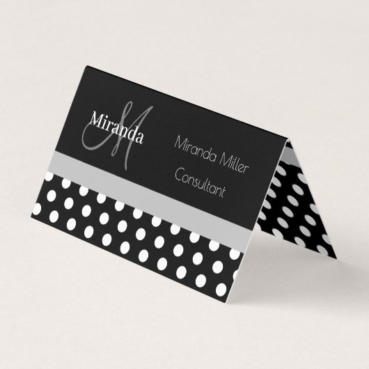 Grijs Monogram Zwart Wit Polka Dot Visitekaartje (Voorkant)