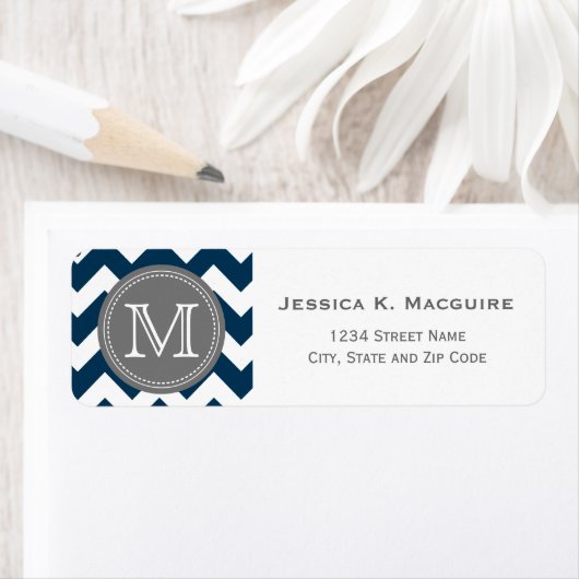 Grijs Monogrammed Navy Blue Chevron Etiket (Insitu)