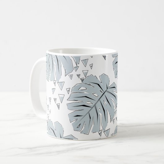 Grijs monstera bladeren op wit koffiemok (Voorkant links)
