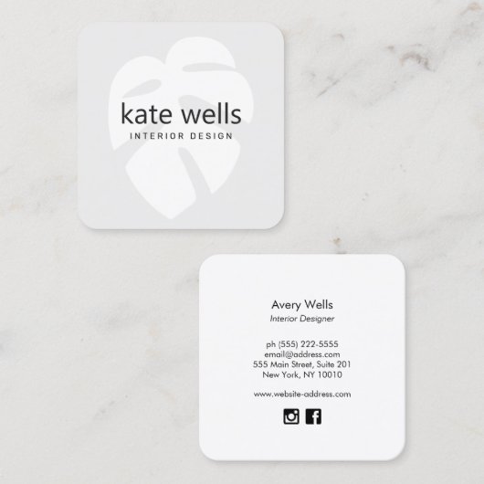 Grijs Monstera Tropical Leaf Logo Interieur Design Vierkante Visitekaartje (Voorkant / Achterkant)