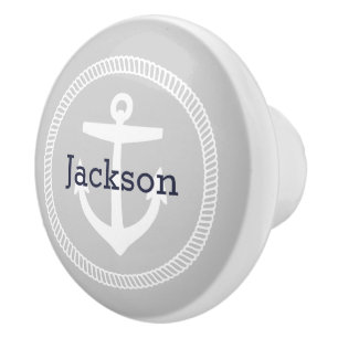 Grijs Nautisch Anker Monogram Keramische Knop