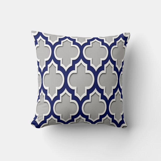 Grijs, Navy Blauwe Witte Marokkaanse Quatrefoil #4 Kussen (Voorkant)