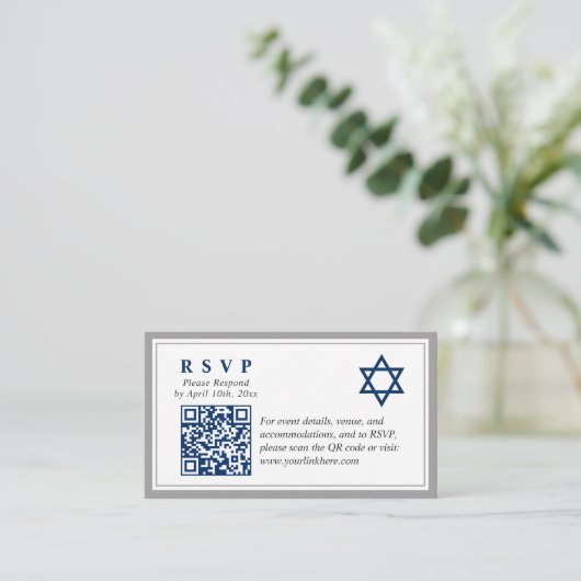 Grijs Navy Blue Bar Mitswa QR Code RSVP Budget Informatiekaartje (Staand voorkant)