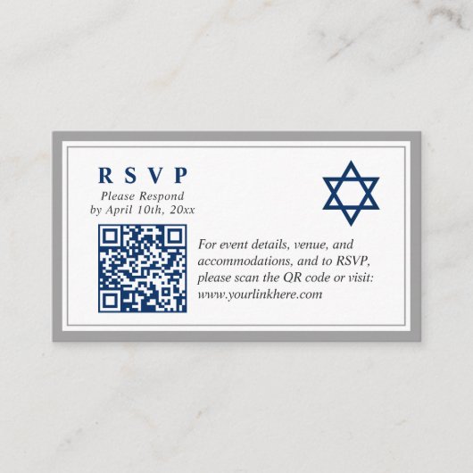 Grijs Navy Blue Bar Mitswa QR Code RSVP Budget Informatiekaartje (Voorkant)