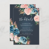 Grijs, Navy Blue en Blush Bloemen Boho Glitter Informatiekaartje (Voorkant / Achterkant)