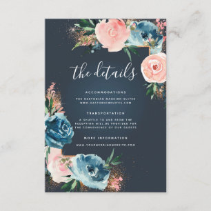 Grijs, Navy Blue en Blush Floral Boho Glitter Informatiekaartje