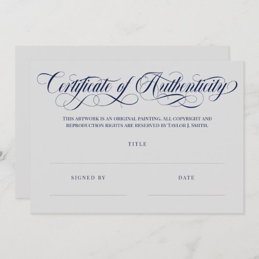 Grijs & Navy Swirls Certificaat van echtheid (Voorkant / Achterkant)