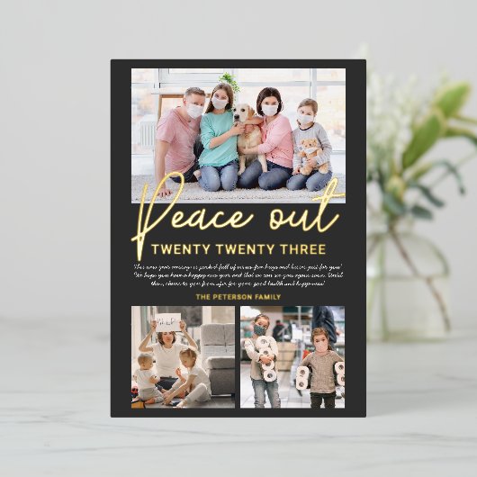 Grijs Nieuwjaar vrede uit 2020 manuscript 3 foto's Folie Feestdagenkaart (Staand Voorkant)