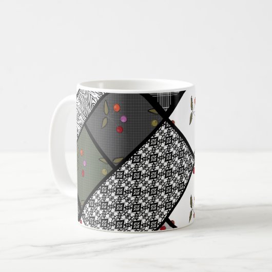 Grijs Olijf rustiek patchwork patroon Koffiemok (Voorkant links)