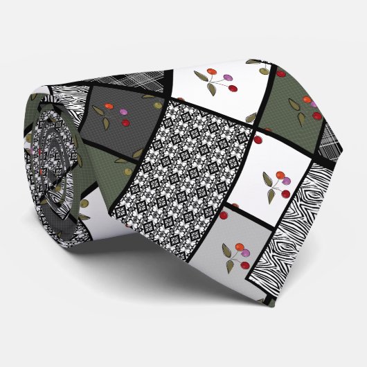 Grijs Olijf rustiek patchwork patroon Stropdas (Opgerold)