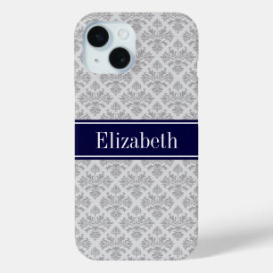 Grijs op Grijs Damast #3 Navy Blauwe Naam Monogram iPhone 15 Case