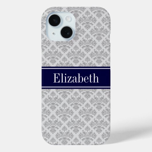 Grijs op Grijs Damast #3 Navy Blauwe Naam Monogram Case-Mate iPhone Case (Achterkant)