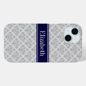 Grijs op Grijs Damast #3 Navy Blauwe Naam Monogram Case-Mate iPhone Case (Achterkant (horizontaal))