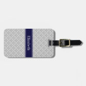 Grijs op grijze Damask #3 Navy Blue Name Monogram Bagagelabel (Voorkant horizontaal)