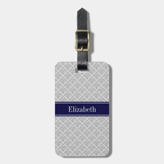 Grijs op grijze Damask #3 Navy Blue Name Monogram Bagagelabel (Voorkant verticaal)