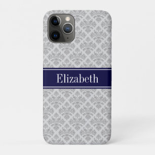 Grijs op grijze Damask #3 Navy Blue Name Monogram Case-Mate iPhone Case