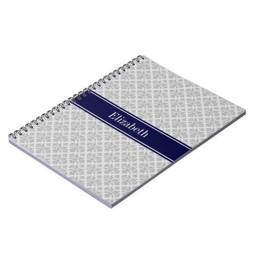Grijs op grijze Damask #3 Navy Blue Name Monogram Notitieboek (Linkerzijde)