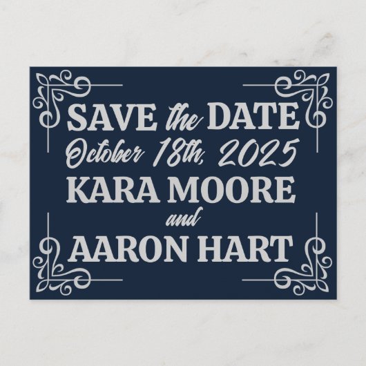 Grijs op Slate Blue Edwardian Save the Date Aankondigingskaart (Voorkant)