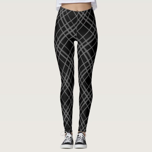 Grijs op zwart Tartan Plaid Pattern Design Leggings (Voorkant)