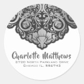 Grijs op zwarte wervelingen retour adres envelop a ronde sticker (Voorkant)