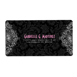 Grijs Ornament en zwart Floral Damask Patroon Etiket
