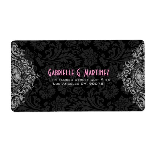 Grijs Ornament en zwart Floral Damask Patroon Etiket (Voorkant)