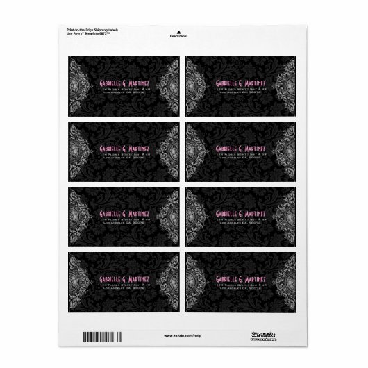 Grijs Ornament en zwart Floral Damask Patroon Etiket (Full Sheet)