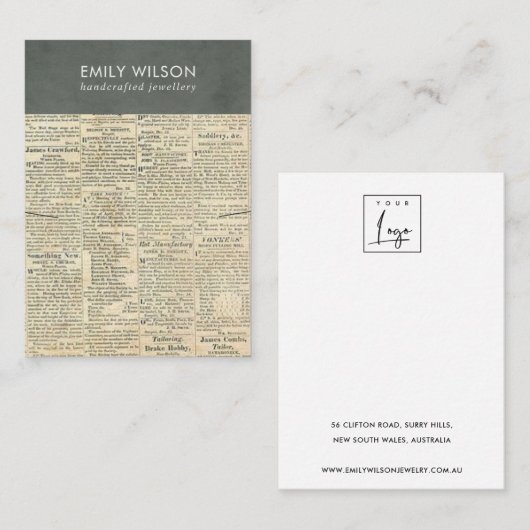  GRIJS OUD NIEUWSPAPIERBAND KETTING VISITEKAARTJE (Voorkant / Achterkant)