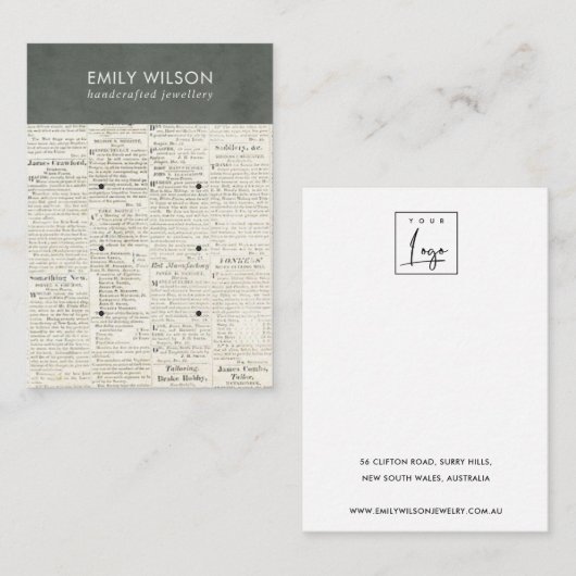  GRIJS OUDE NEWSPAPER 3 STUD EARRING DISPLAY  VISITEKAARTJE (Voorkant / Achterkant)