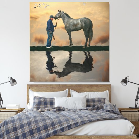 Grijs Paard en bruidegom OTTB stretched canvas Pri (Insitu (Slaapkamer))