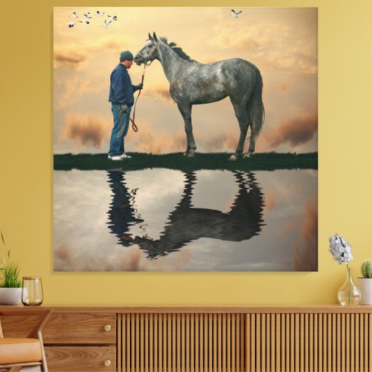 Grijs Paard en bruidegom OTTB stretched canvas Pri (Insitu (Woonkamer))