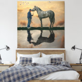 Grijs Paard en bruidegom OTTB stretched canvas Pri Afdruk (Insitu (Slaapkamer))
