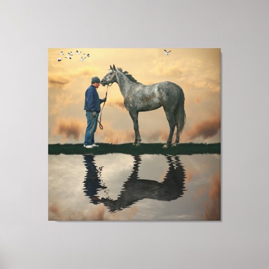 Grijs Paard en bruidegom OTTB stretched canvas Pri Afdruk (Voorkant)