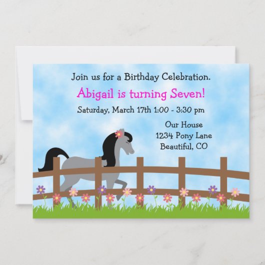  Grijs Paard met Bloemen Verjaardagsuitnodiging Kaart (Voorkant)