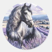  Grijs Paard Staande In Lavendel Ronde Sticker (Voorkant)